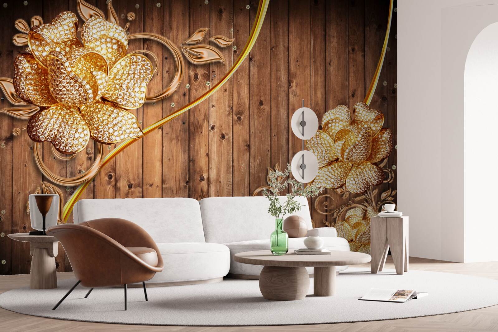 Papier peint fleurs et branches dorées sur un arbre