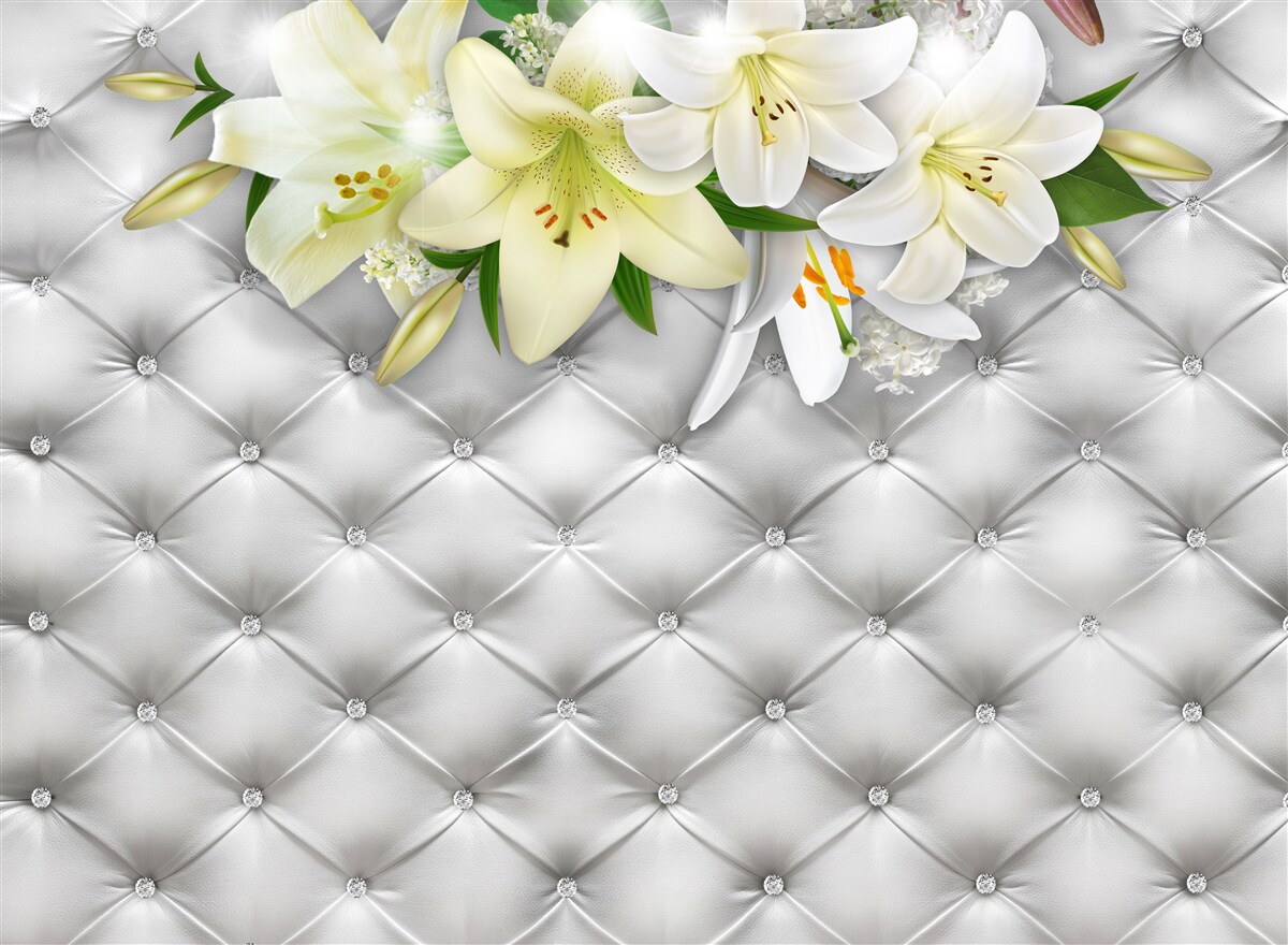 Papier peint tissu avec perles dans un motif floral blanc