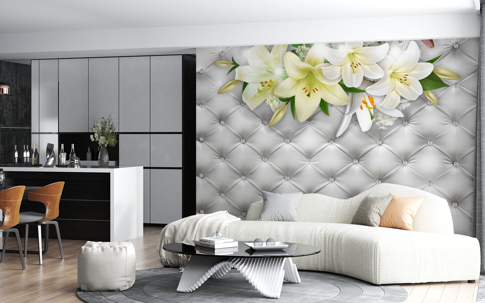 Papier peint tissu avec perles dans un motif floral blanc