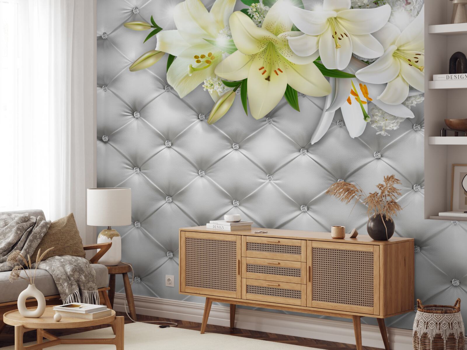 Papier peint tissu avec perles dans un motif floral blanc