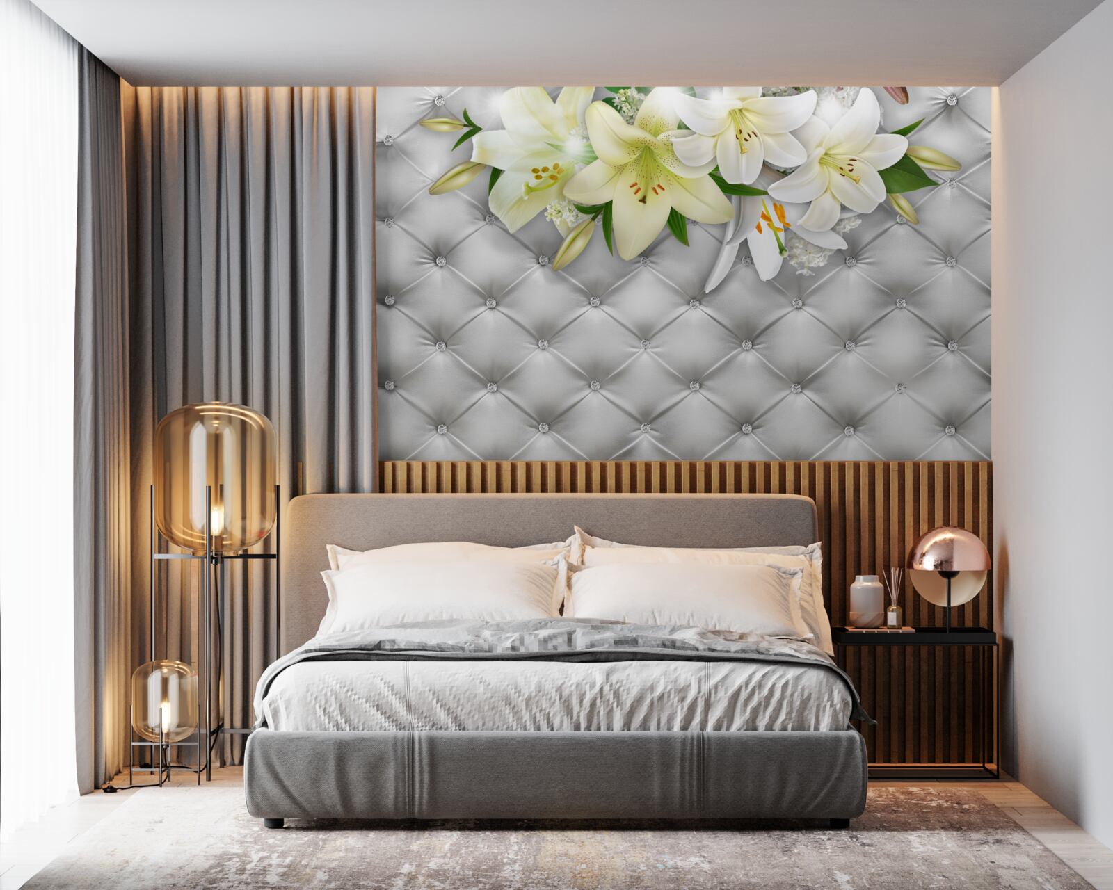 Papier peint tissu avec perles dans un motif floral blanc