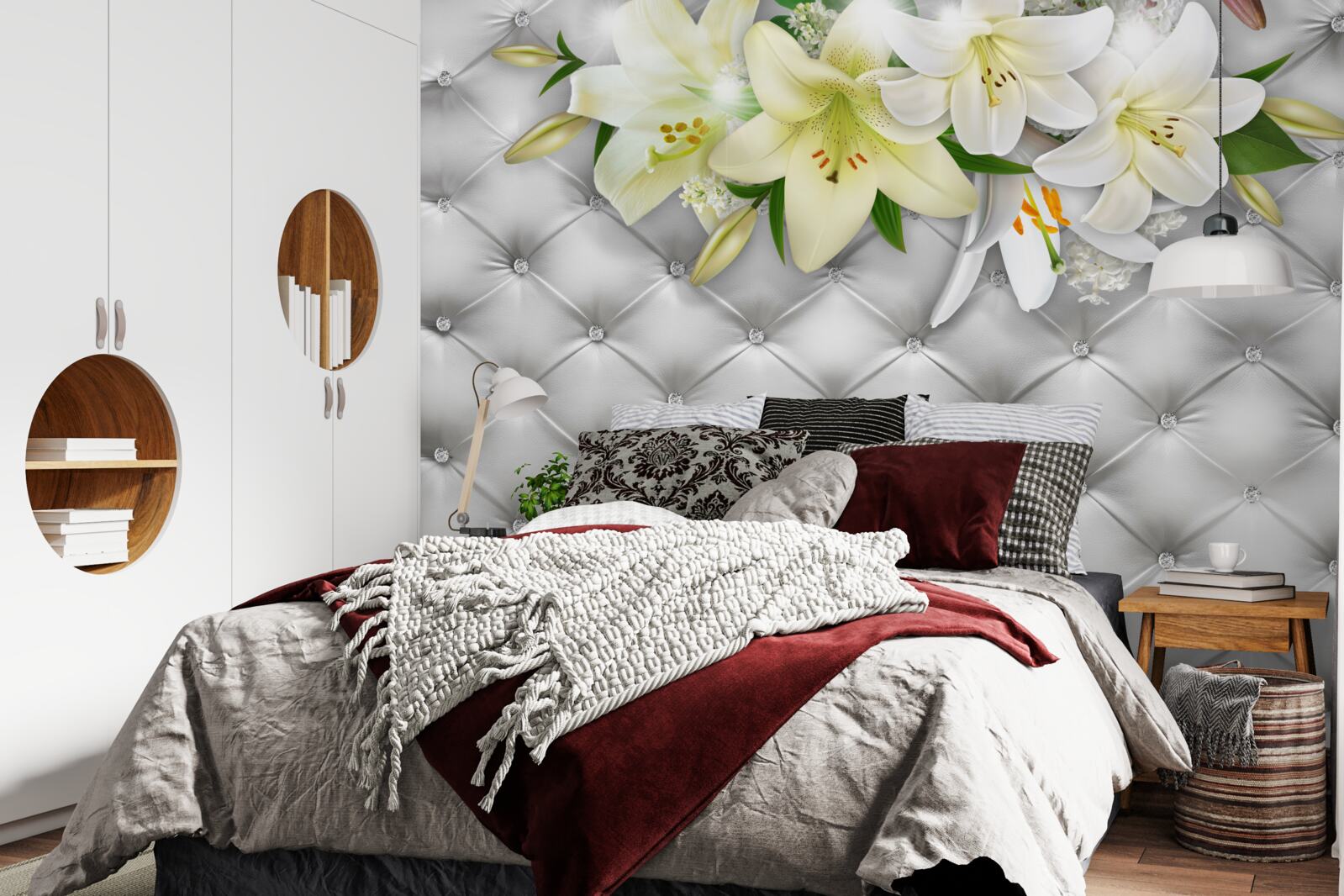 Papier peint tissu avec perles dans un motif floral blanc