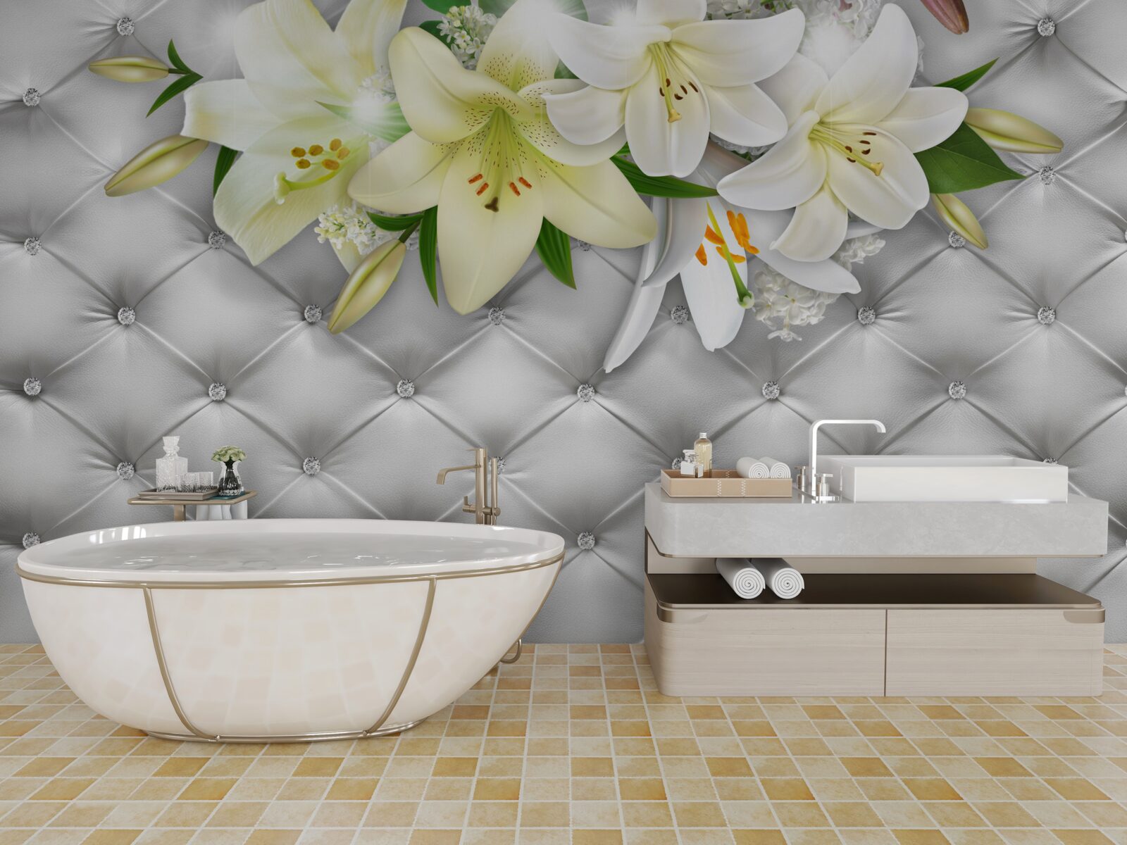 Papier peint tissu avec perles dans un motif floral blanc