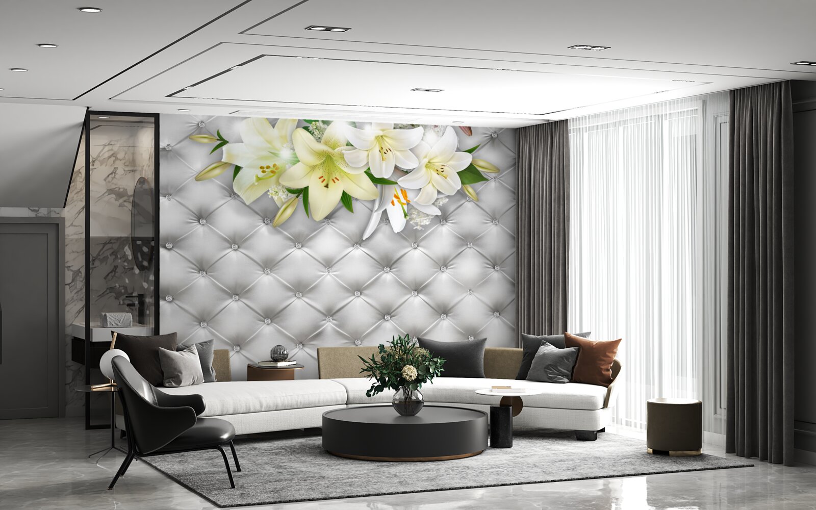 Papier peint tissu avec perles dans un motif floral blanc