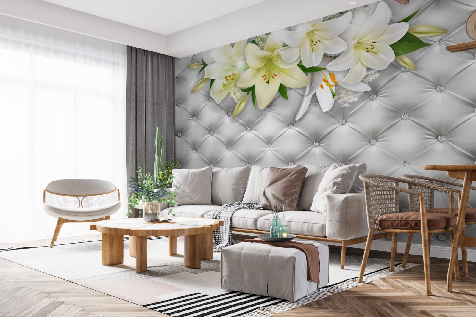 Papier peint tissu avec perles dans un motif floral blanc