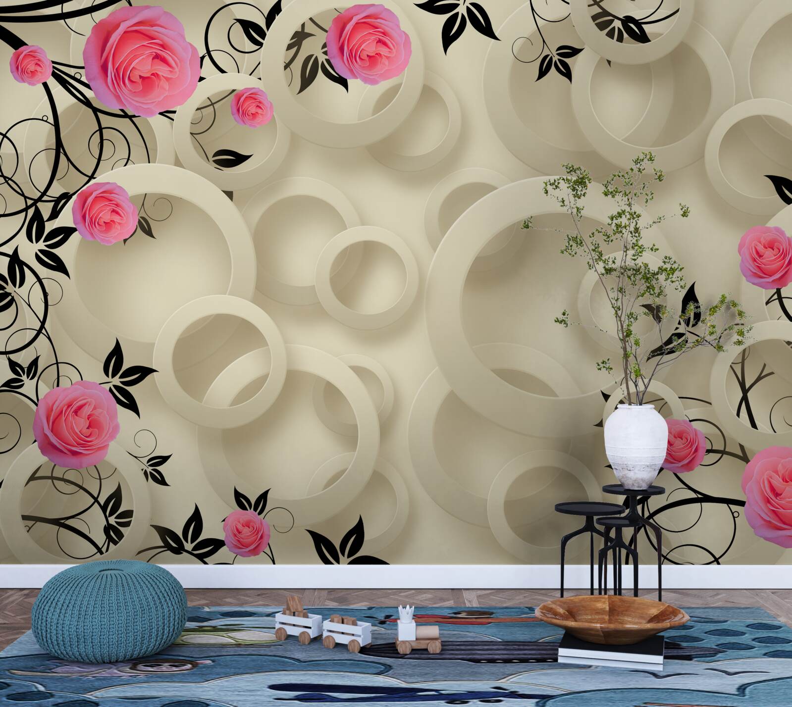 Papier peint pétales de roses noires sur fond abstrait