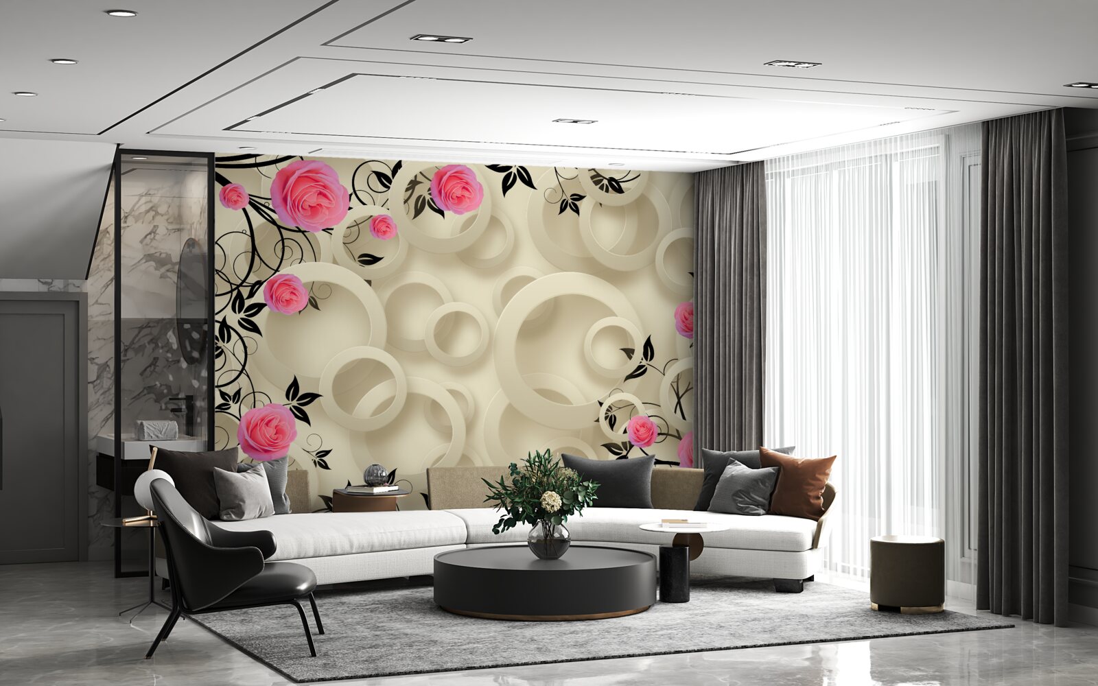 Papier peint pétales de roses noires sur fond abstrait