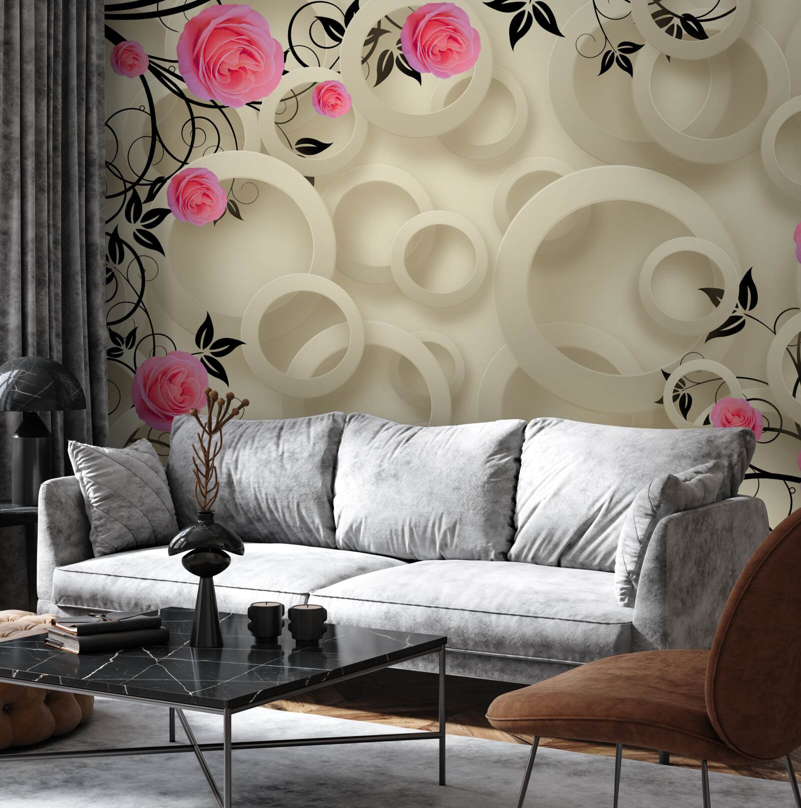 Papier peint pétales de roses noires sur fond abstrait