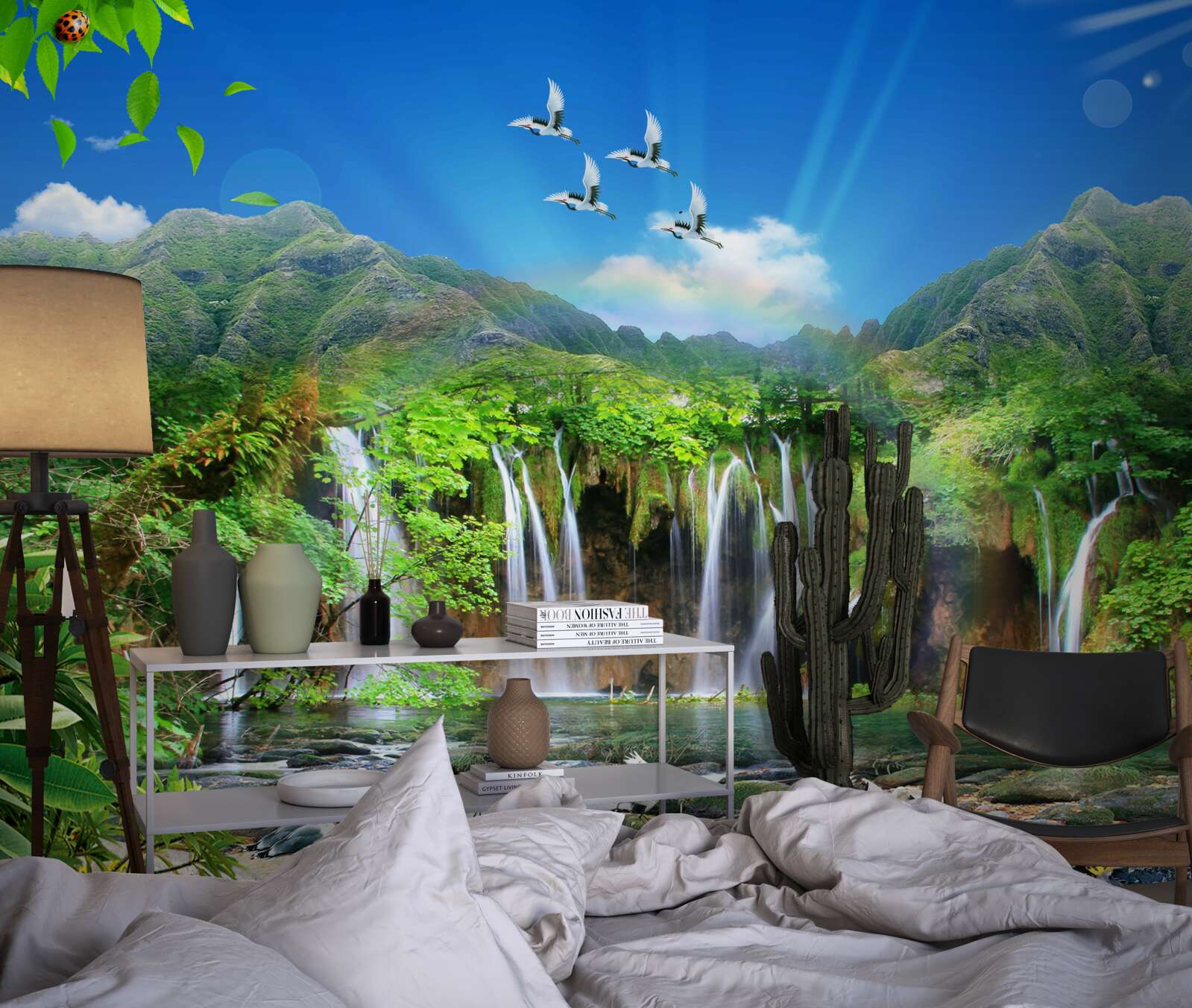 Papier peint les oiseaux survolent les chutes d'eau dans les régions tropicales