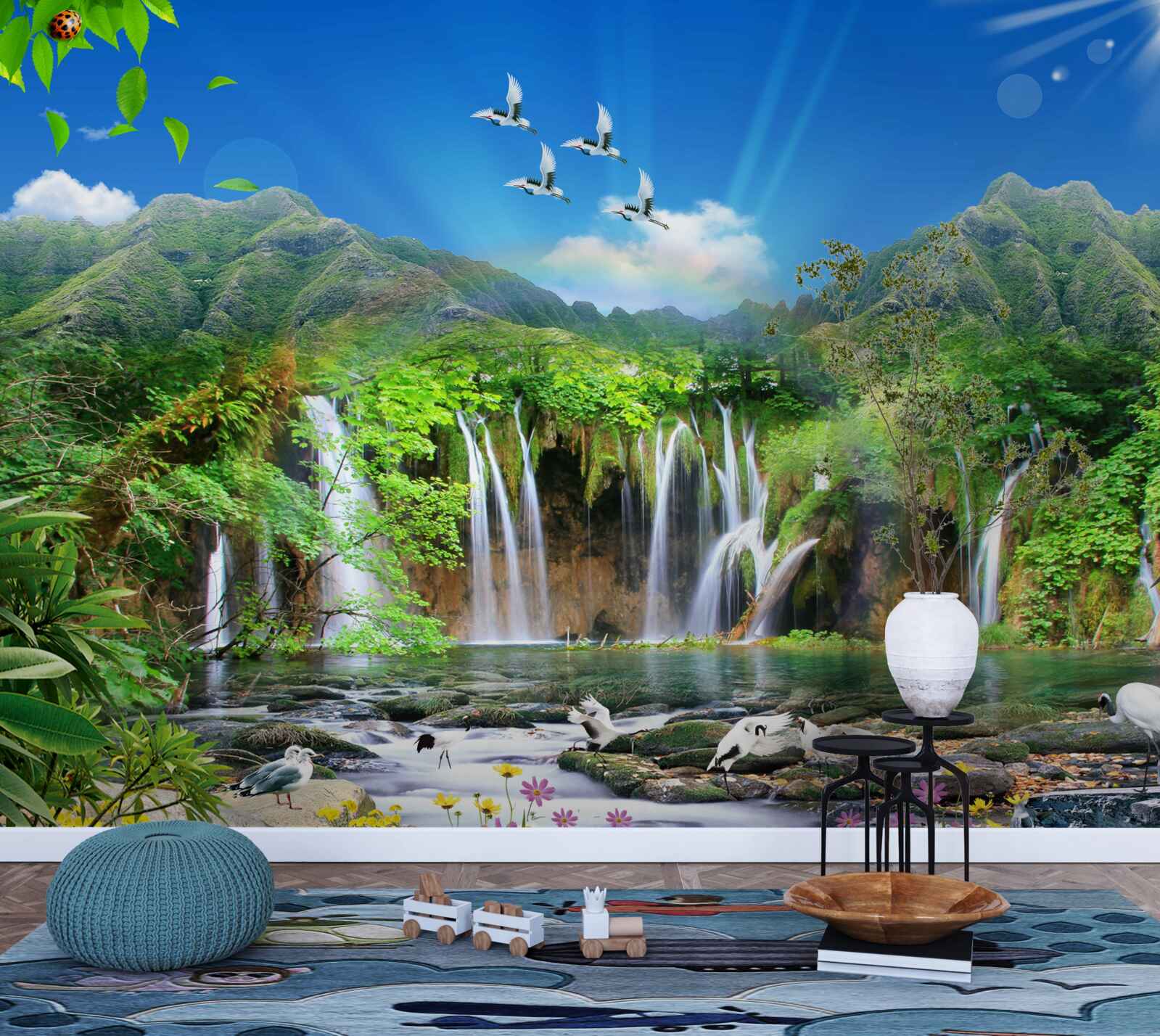 Papier peint les oiseaux survolent les chutes d'eau dans les régions tropicales