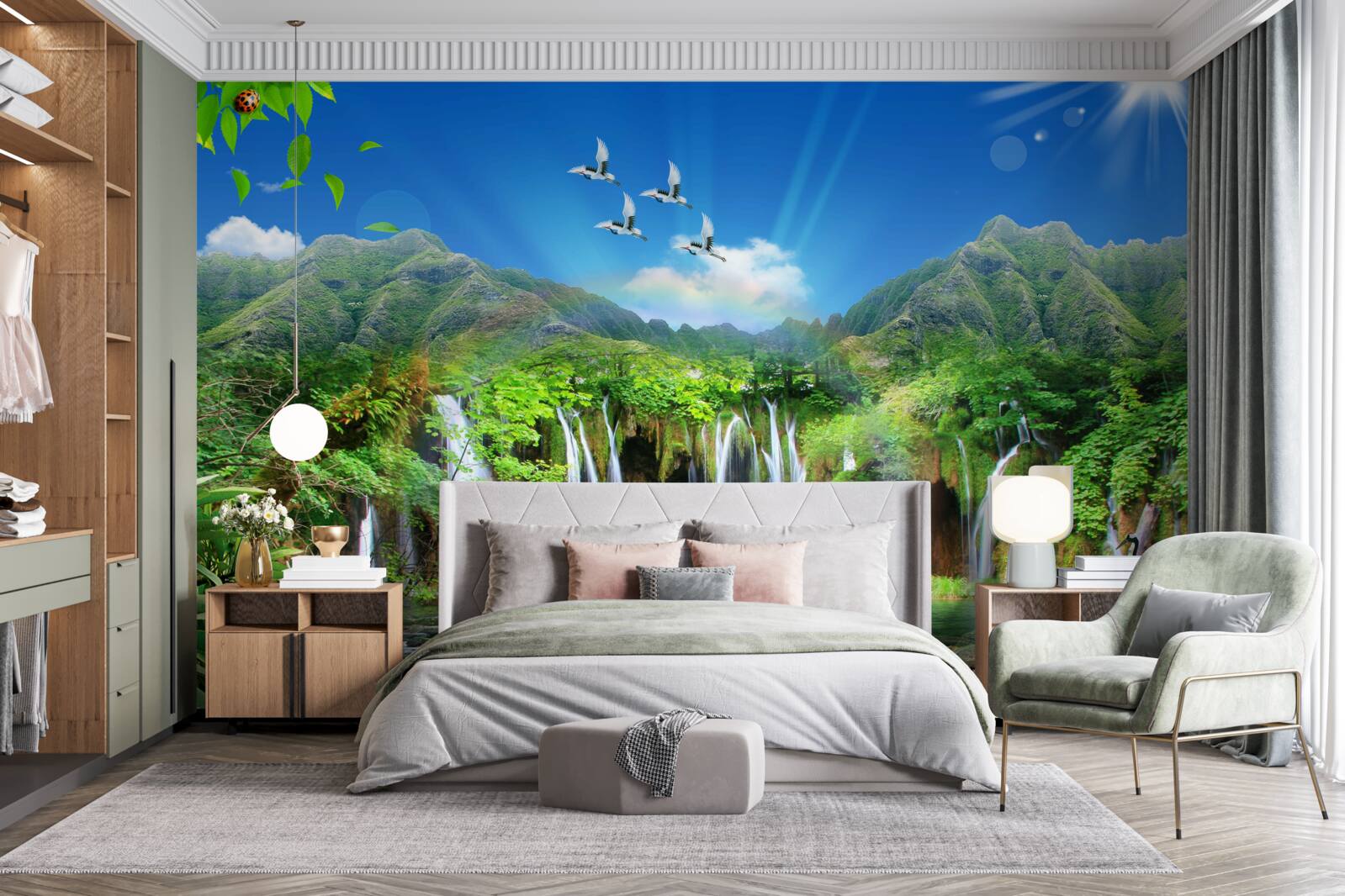 Papier peint les oiseaux survolent les chutes d'eau dans les régions tropicales