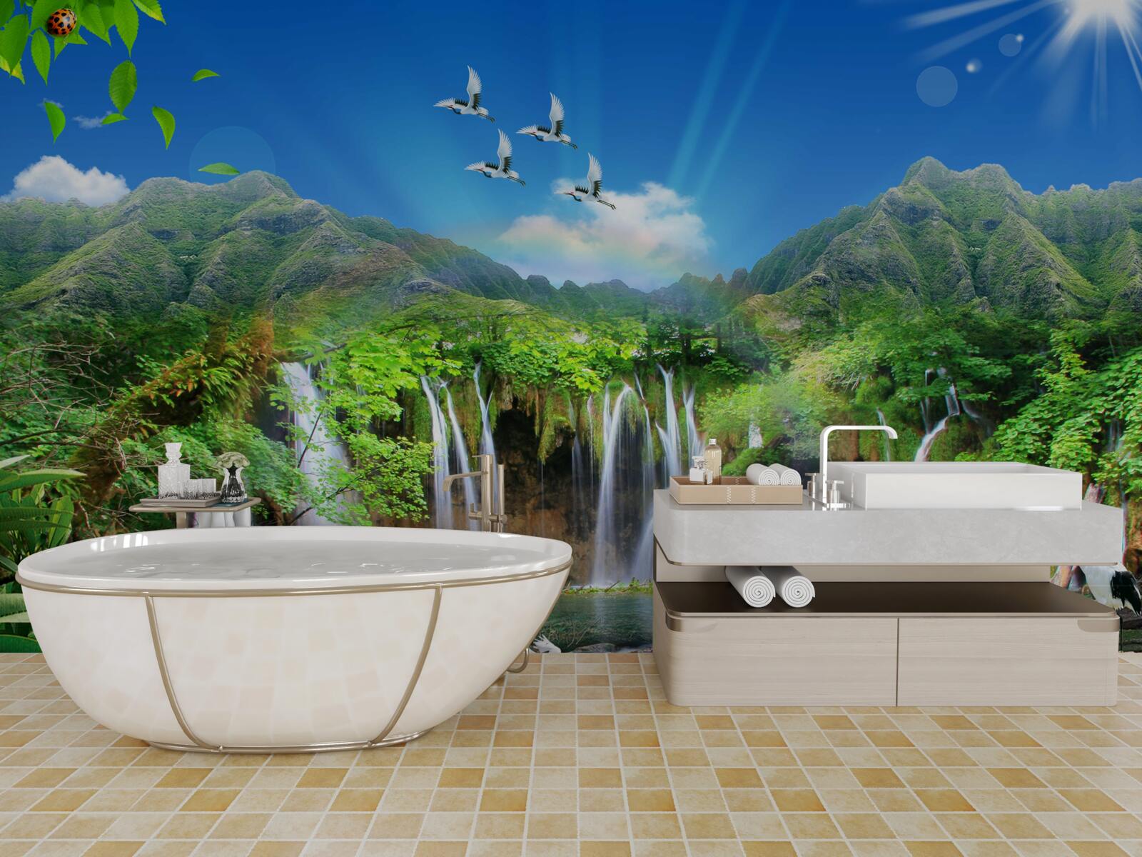 Papier peint les oiseaux survolent les chutes d'eau dans les régions tropicales