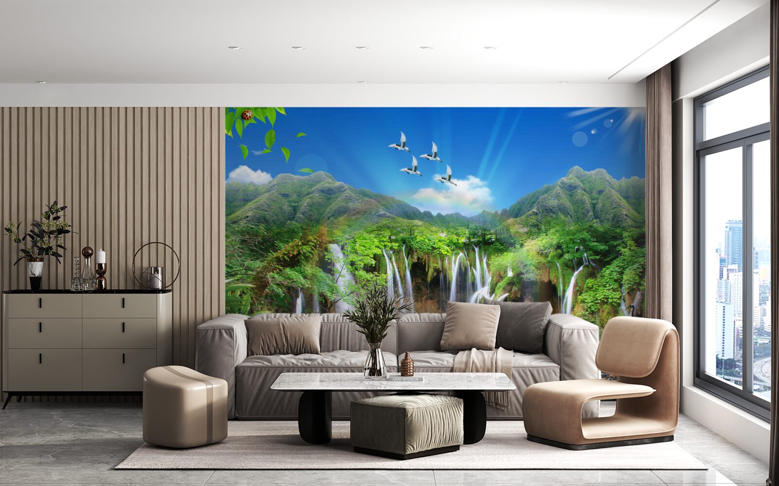 Papier peint les oiseaux survolent les chutes d'eau dans les régions tropicales