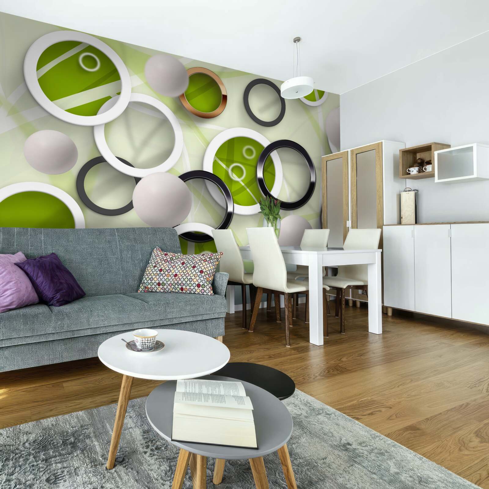 Papier peint cercles abstraits avec des éléments verts