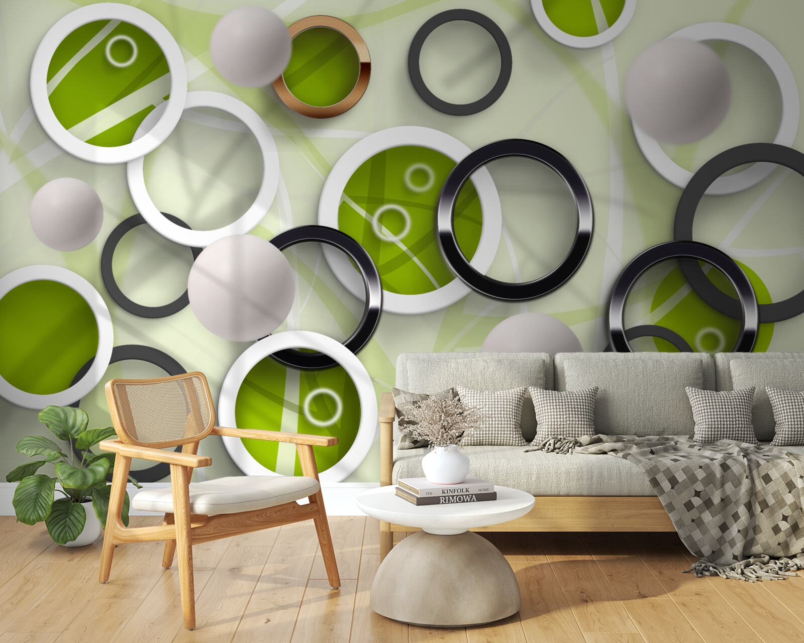 Papier peint cercles abstraits avec des éléments verts