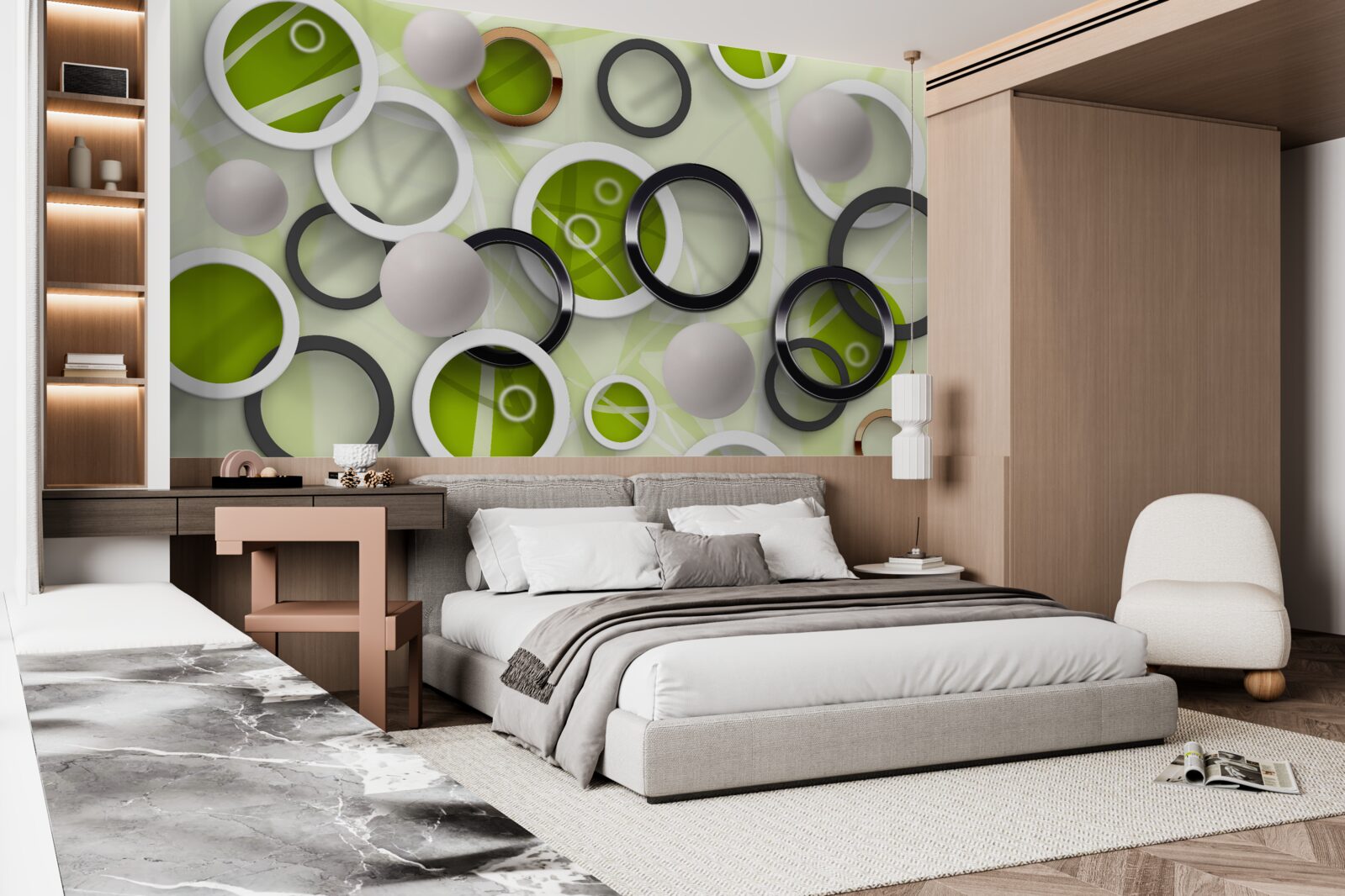 Papier peint cercles abstraits avec des éléments verts