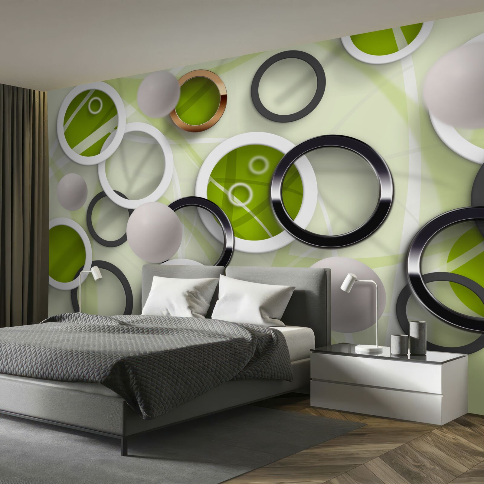 Papier peint cercles abstraits avec des éléments verts