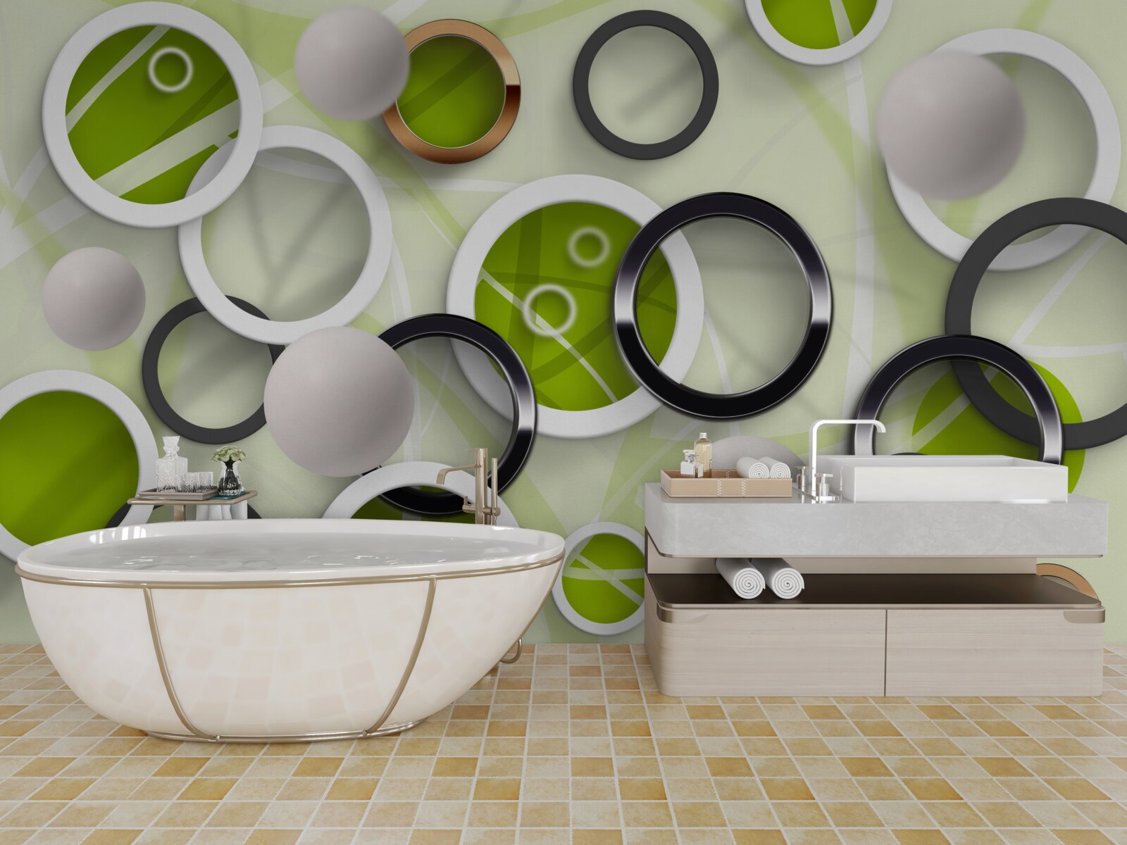 Papier peint cercles abstraits avec des éléments verts