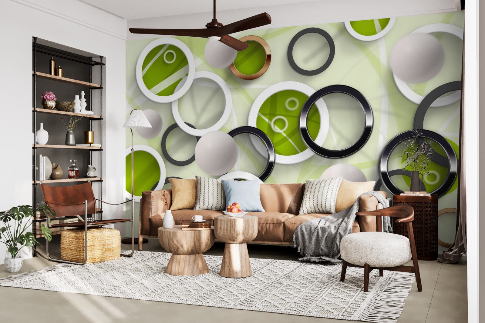 Papier peint cercles abstraits avec des éléments verts