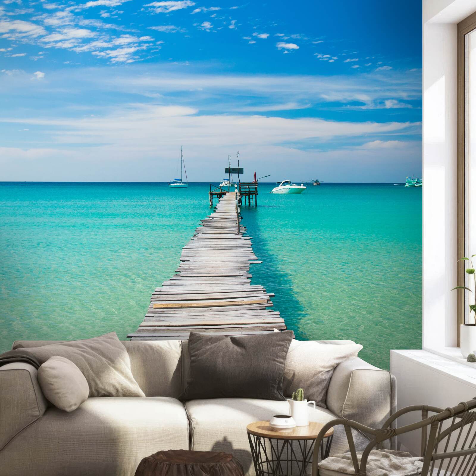 Papier peint pont en bois au-dessus de l'eau turquoise