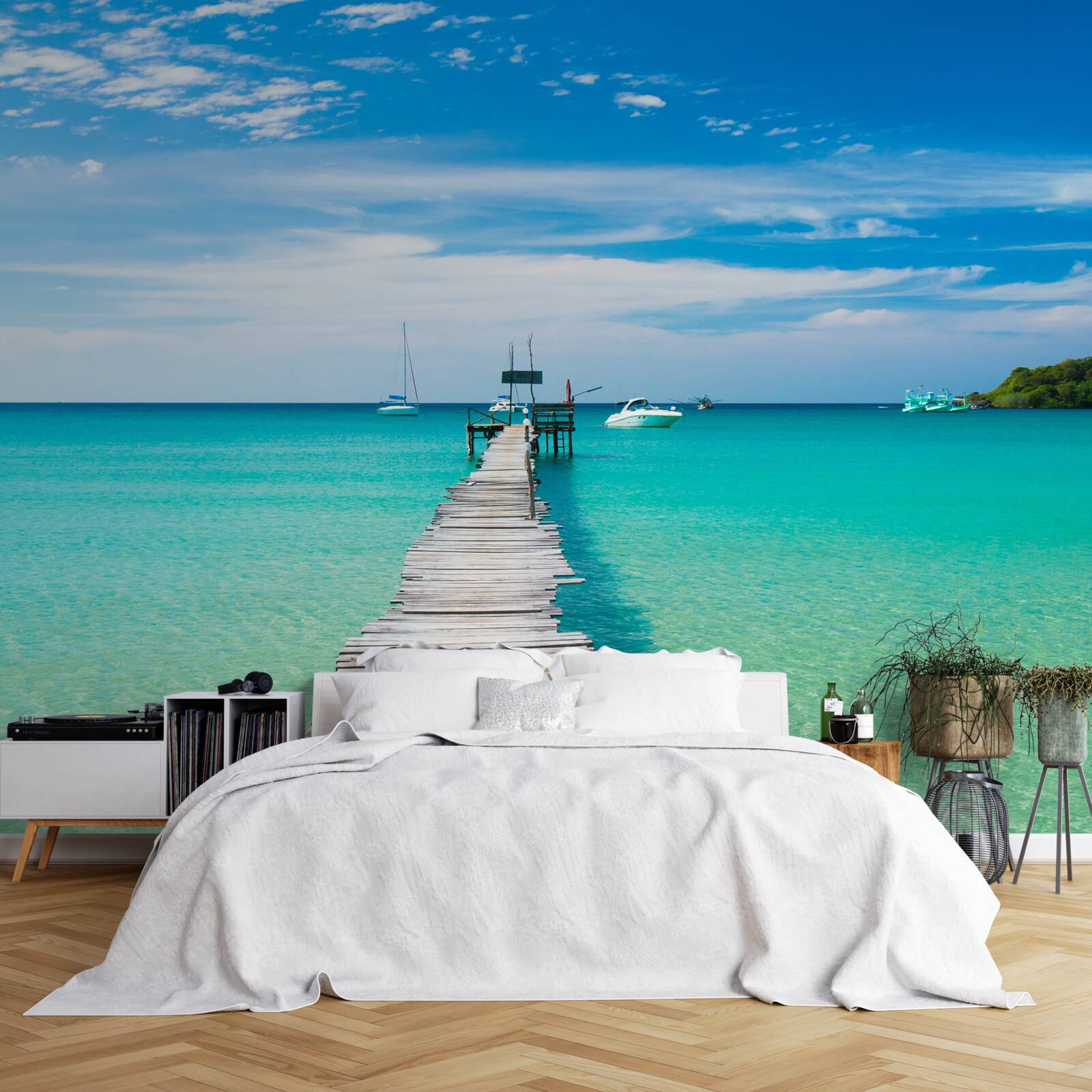 Papier peint pont en bois au-dessus de l'eau turquoise