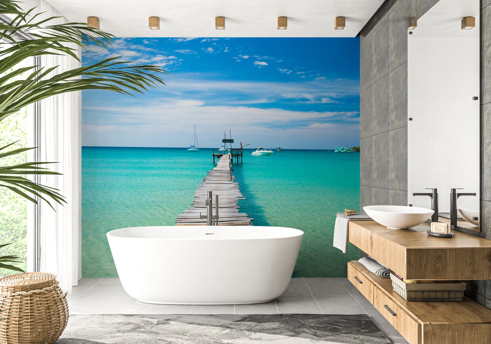 Papier peint pont en bois au-dessus de l'eau turquoise