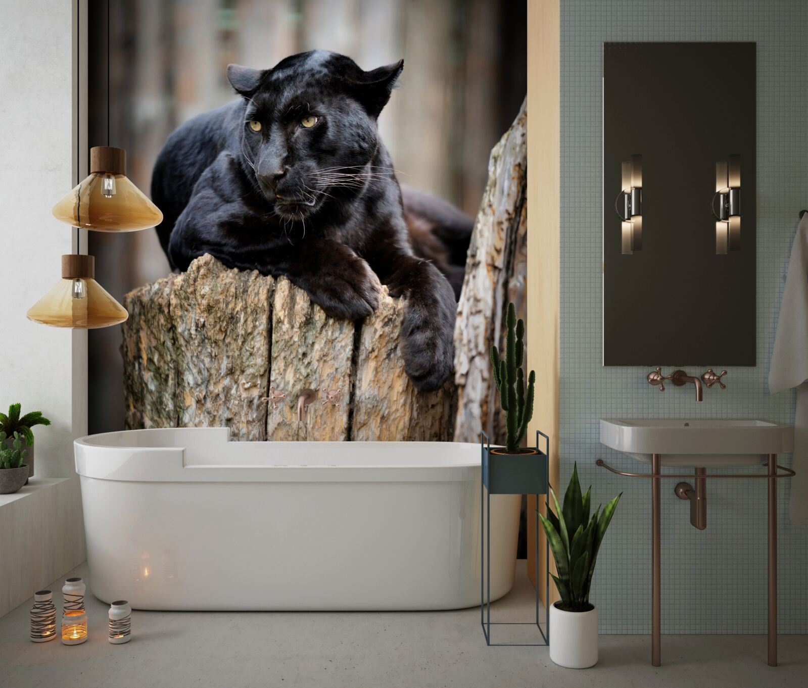 Papier peint une panthère noire est assise sur un arbre