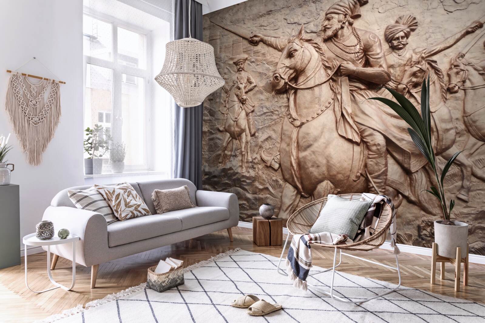 Papier peint relief représentant des guerriers combattant à cheval