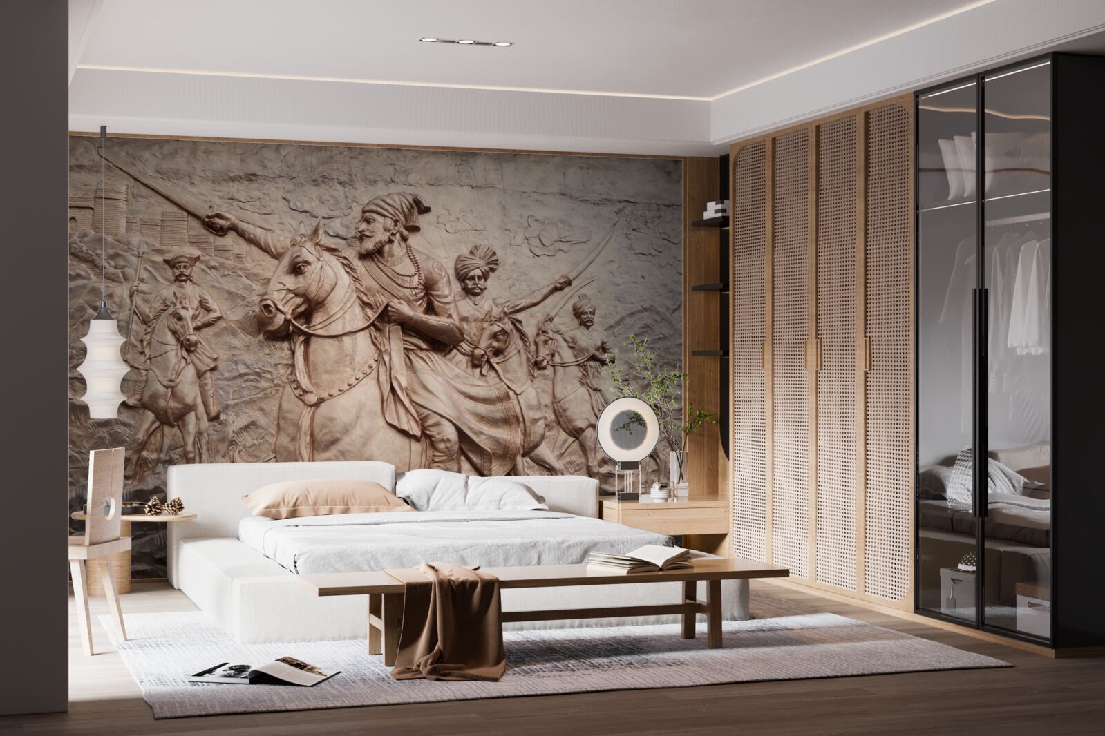 Papier peint relief représentant des guerriers combattant à cheval