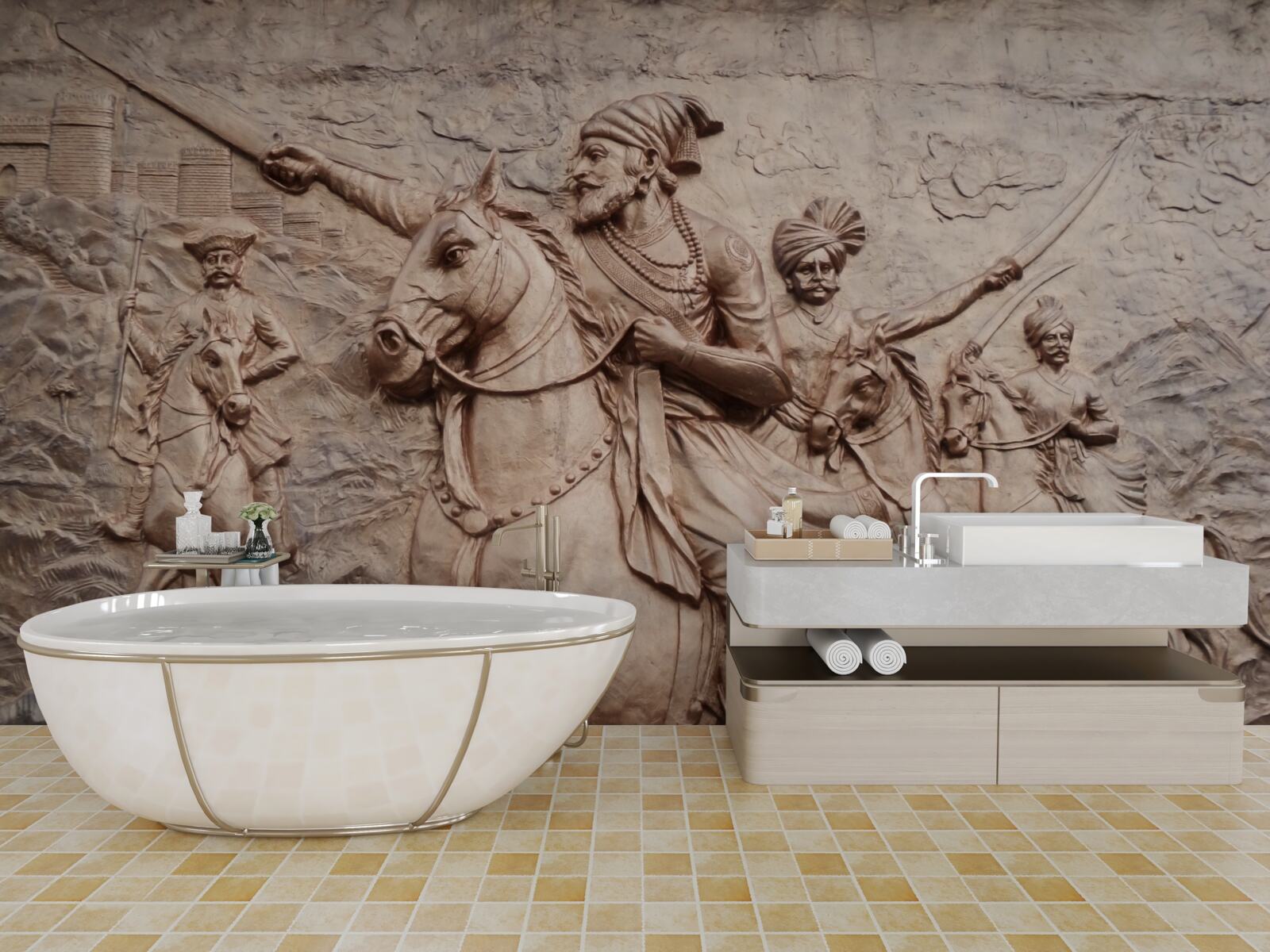 Papier peint relief représentant des guerriers combattant à cheval
