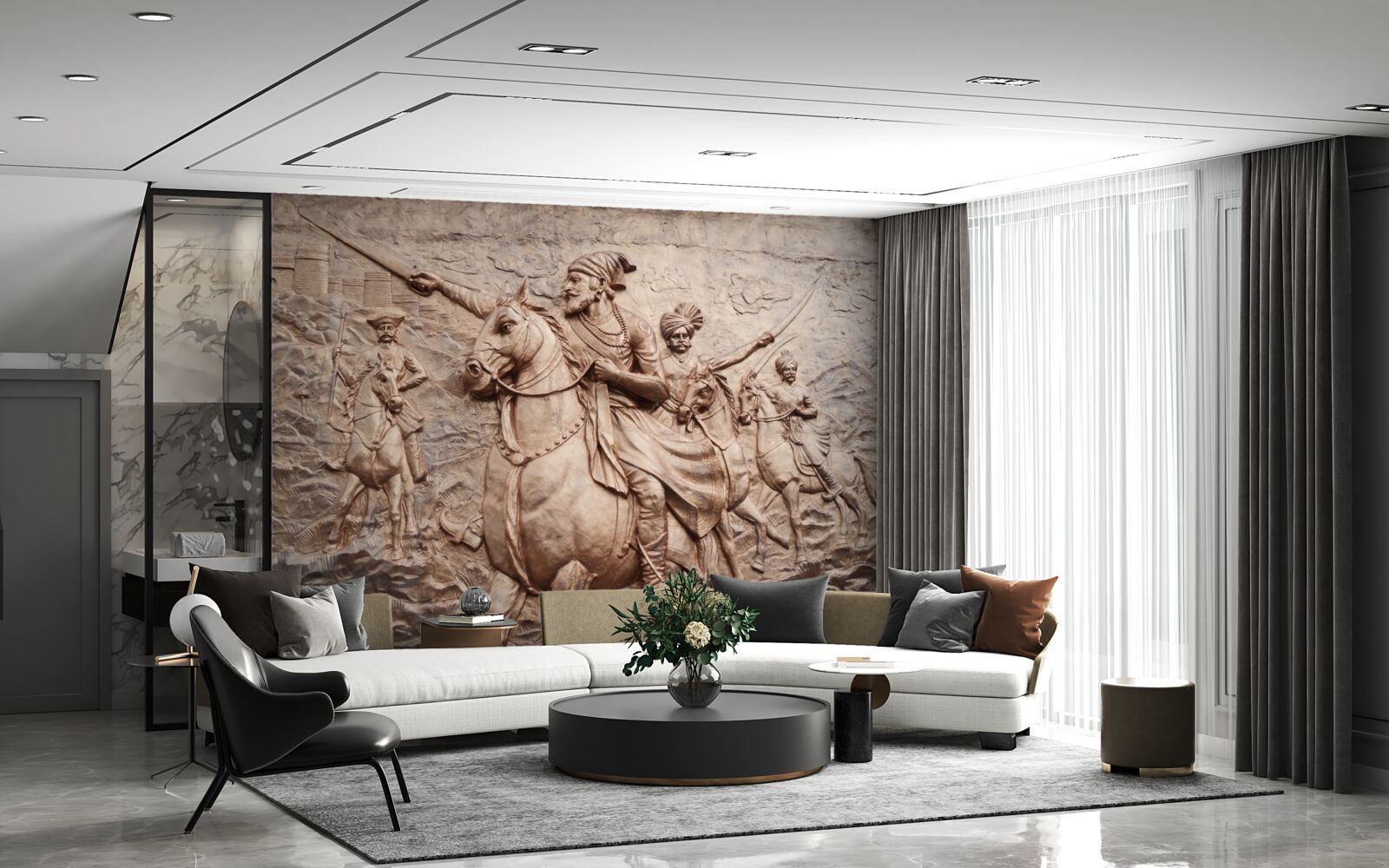 Papier peint relief représentant des guerriers combattant à cheval