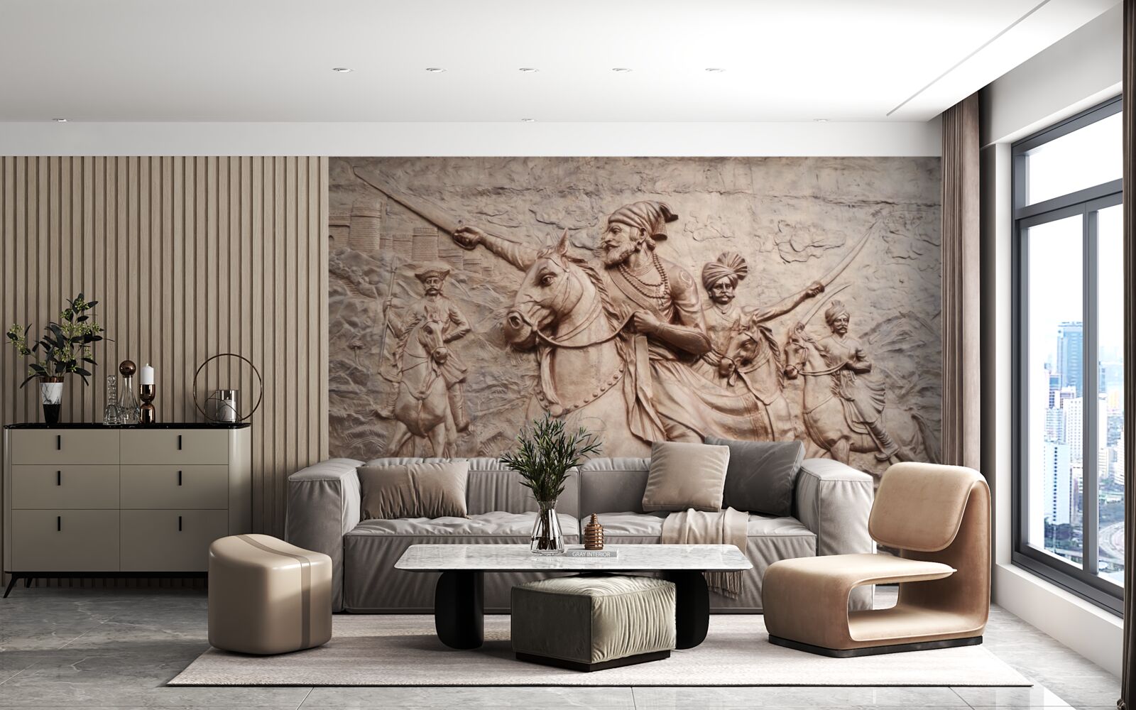 Papier peint relief représentant des guerriers combattant à cheval