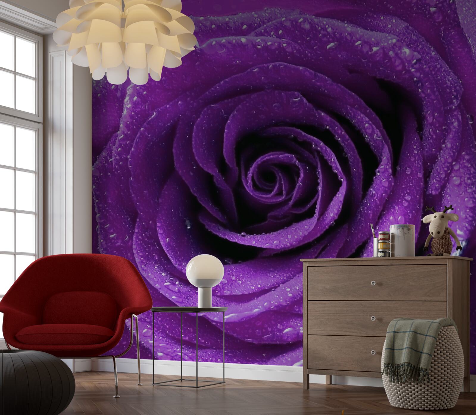 Papier peint grosses gouttes de rosée sur les pétales d'une rose lilas