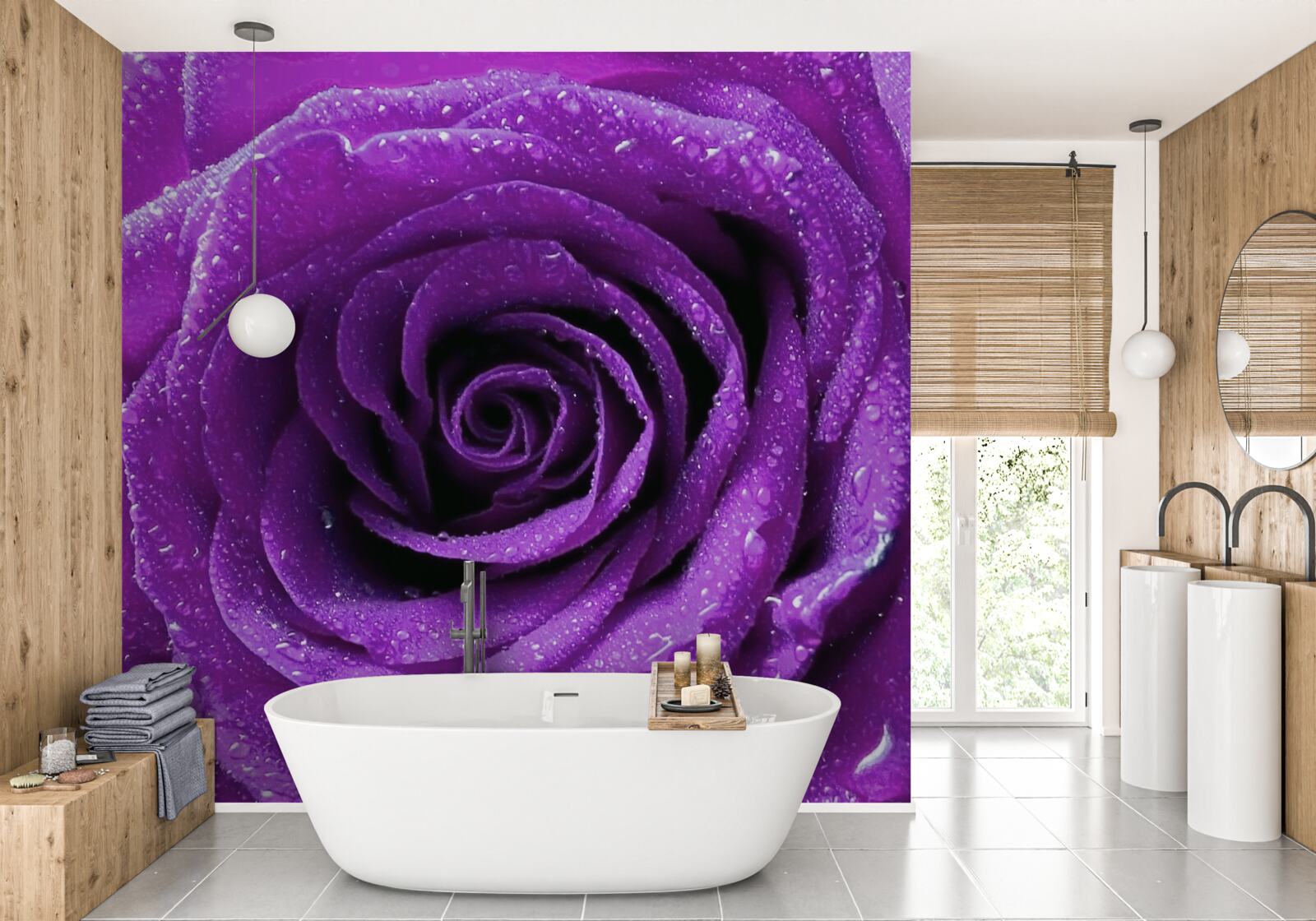 Papier peint grosses gouttes de rosée sur les pétales d'une rose lilas