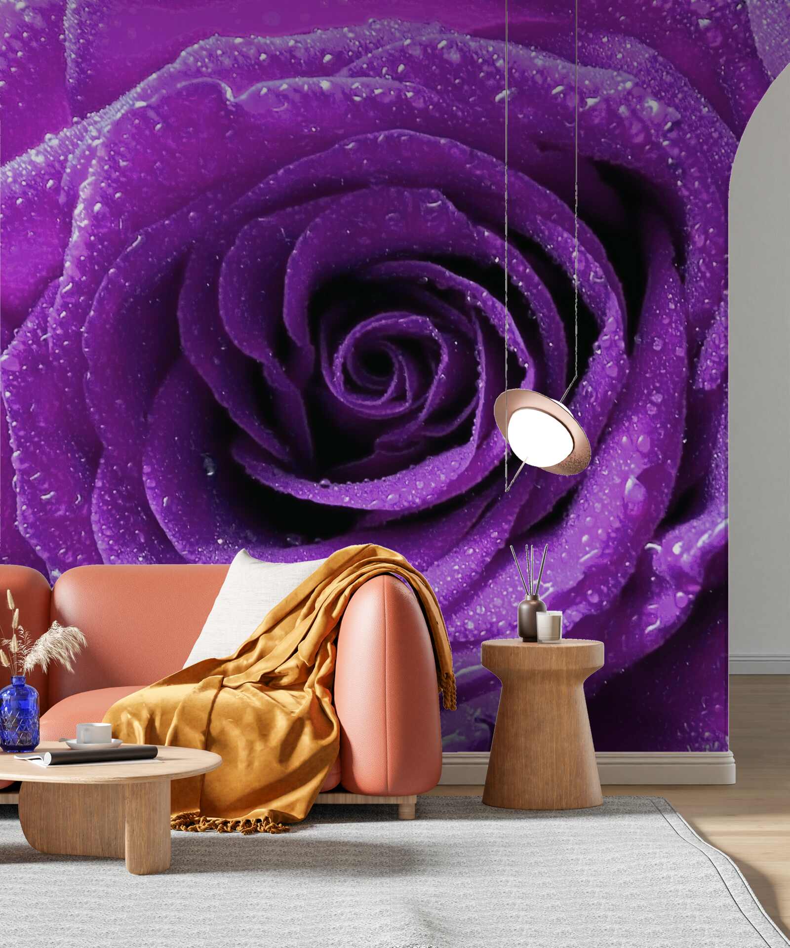 Papier peint grosses gouttes de rosée sur les pétales d'une rose lilas