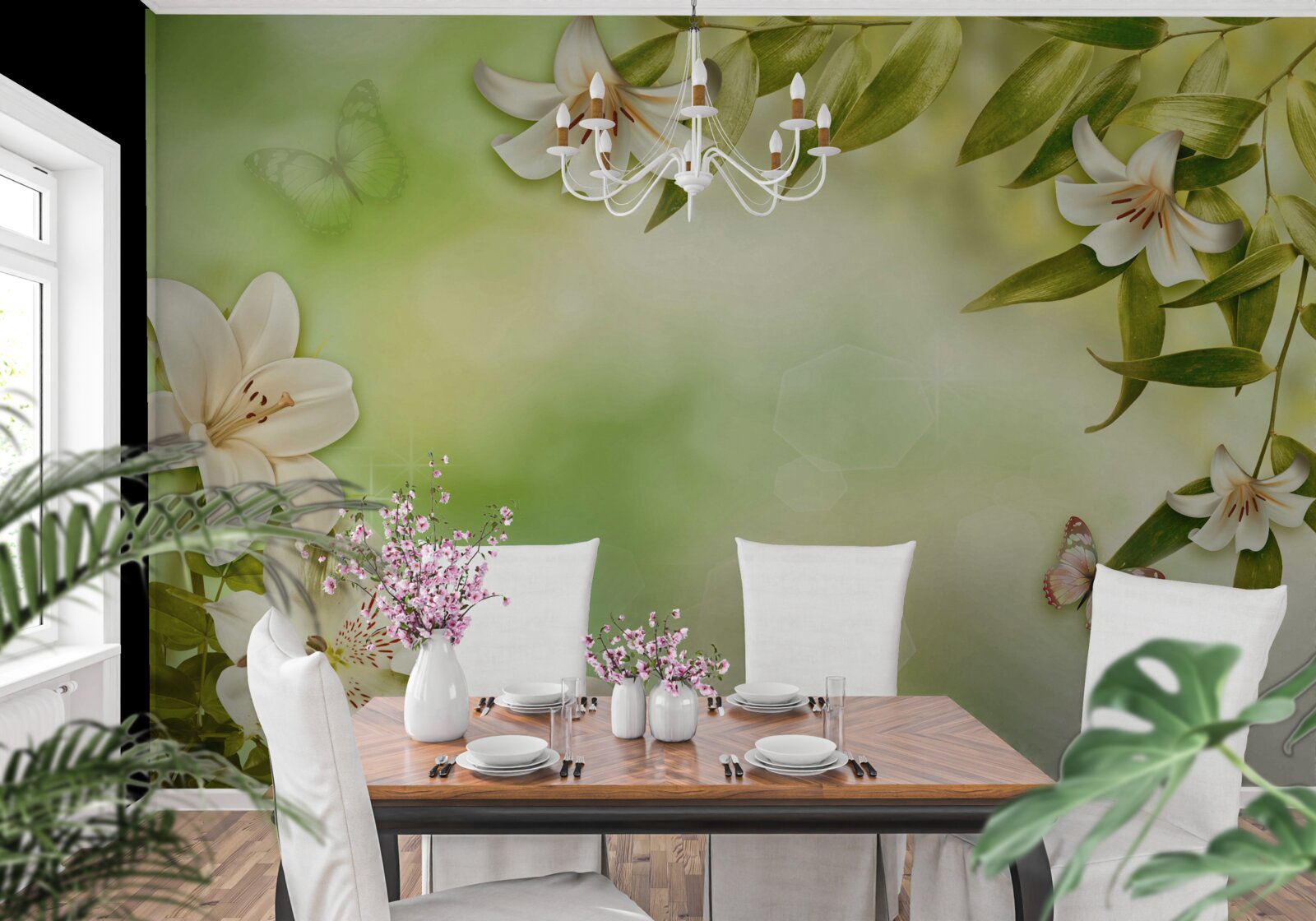 Papier peint fleurs printanières avec papillons volants