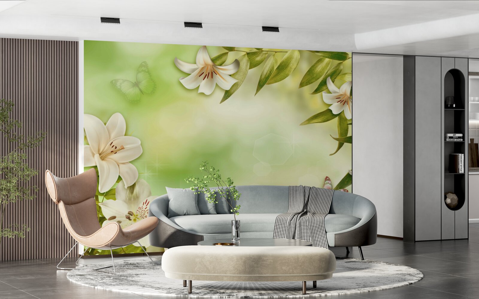 Papier peint fleurs printanières avec papillons volants