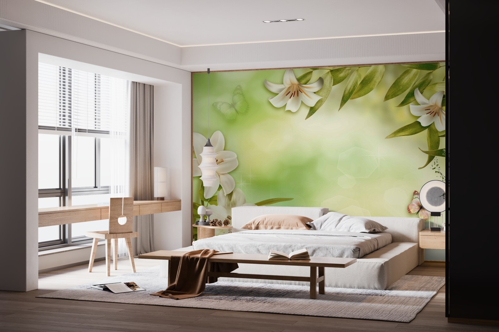 Papier peint fleurs printanières avec papillons volants