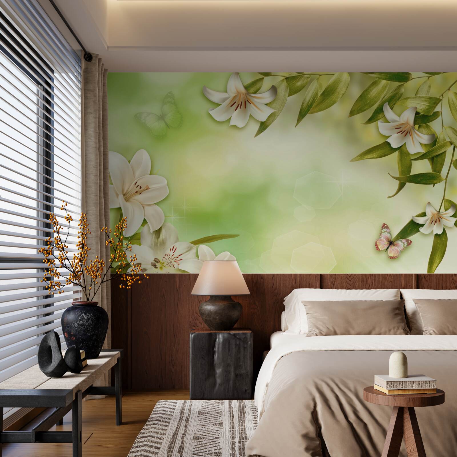 Papier peint fleurs printanières avec papillons volants