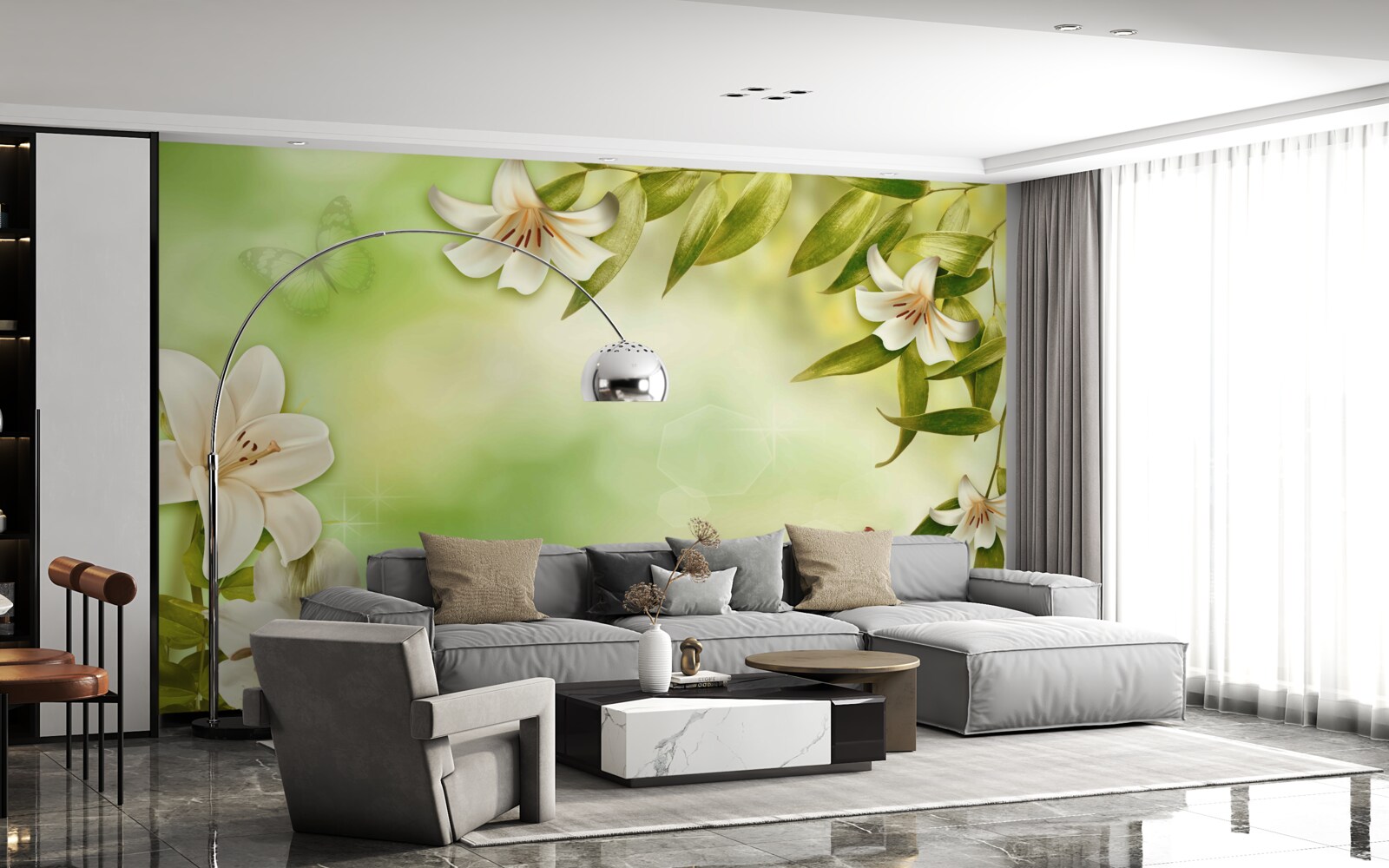 Papier peint fleurs printanières avec papillons volants