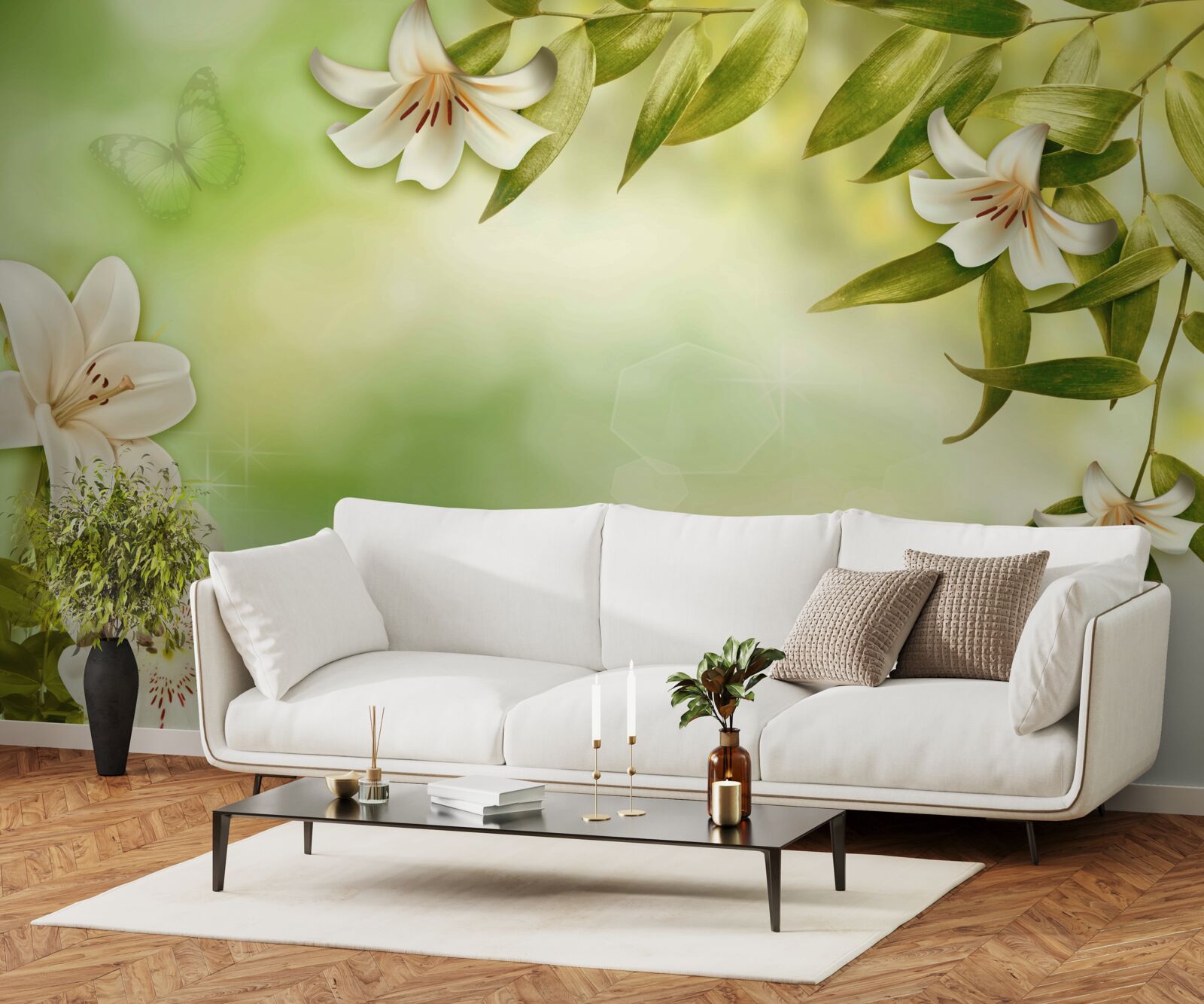 Papier peint fleurs printanières avec papillons volants