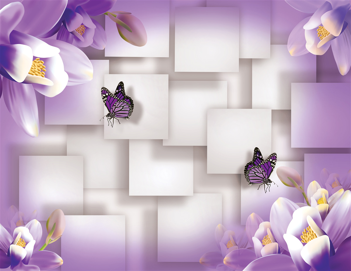 Papier peint des fleurs blanches et des papillons sont visibles sur un fond abstrait lilas