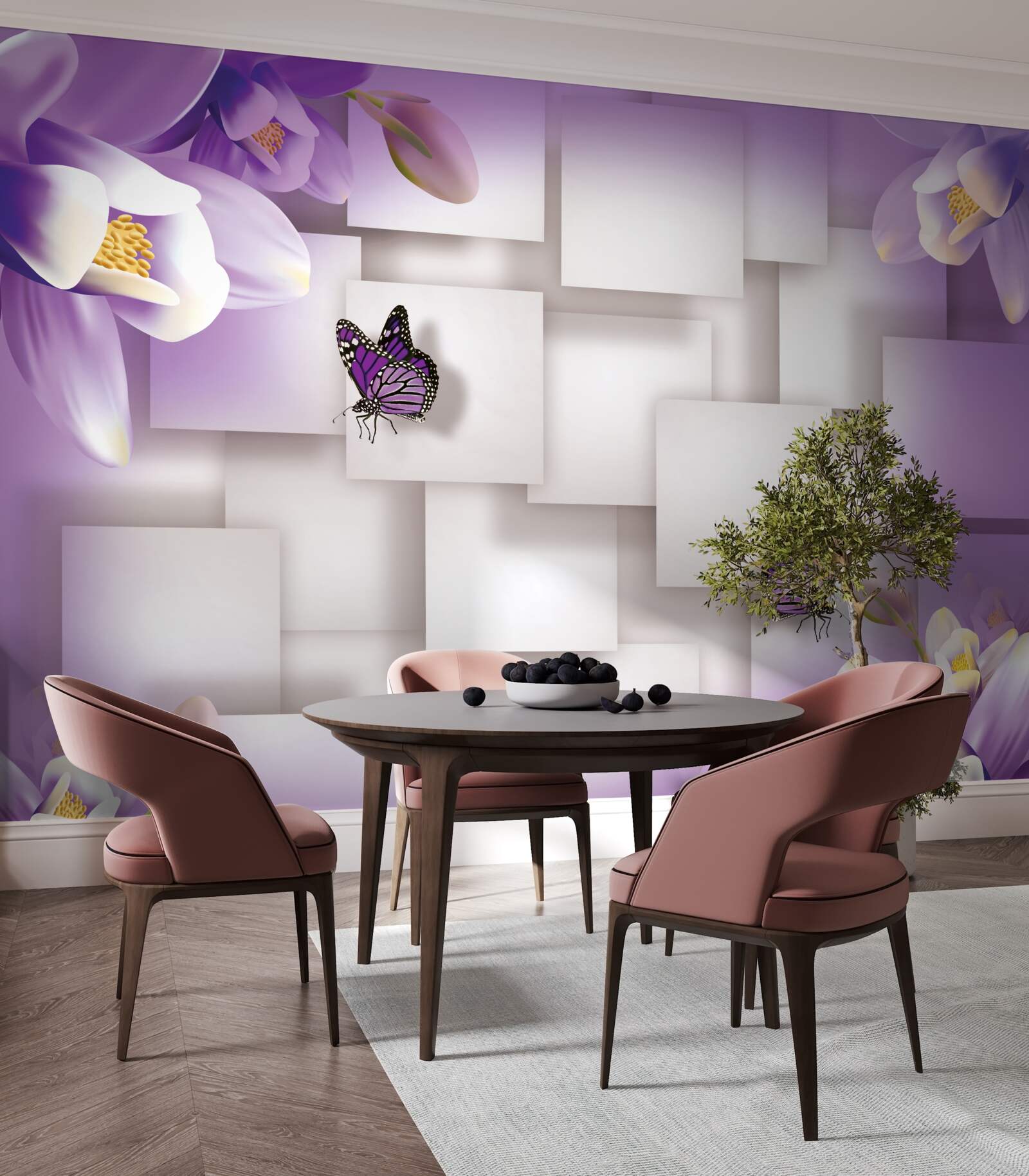 Papier peint des fleurs blanches et des papillons sont visibles sur un fond abstrait lilas