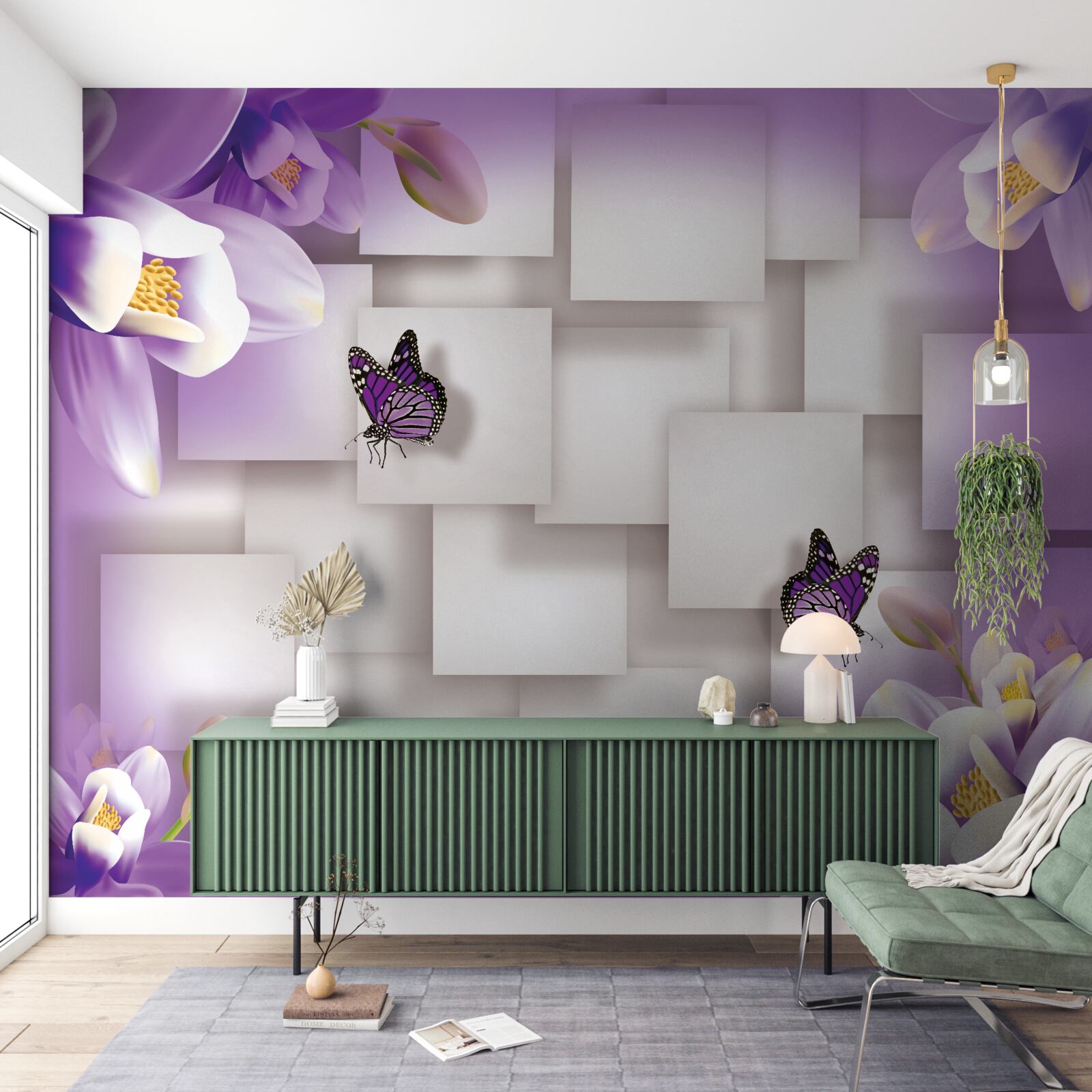 Papier peint des fleurs blanches et des papillons sont visibles sur un fond abstrait lilas