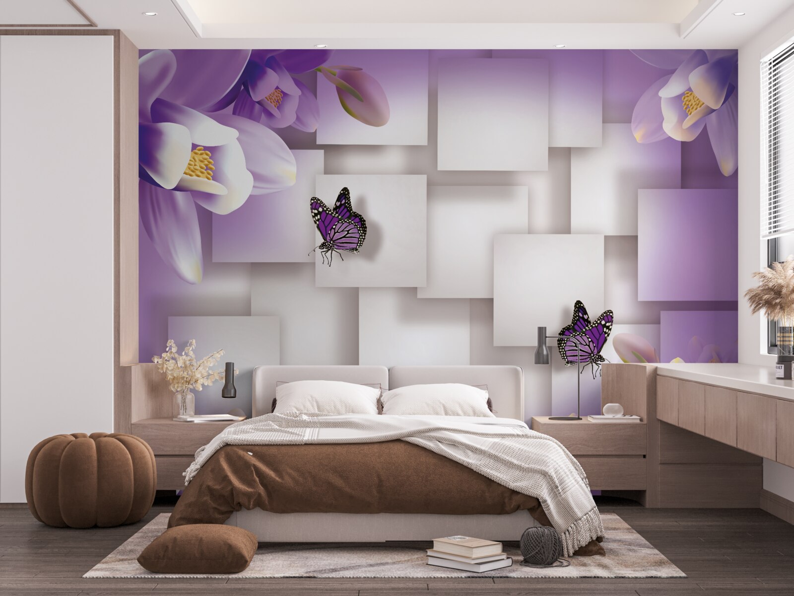 Papier peint des fleurs blanches et des papillons sont visibles sur un fond abstrait lilas