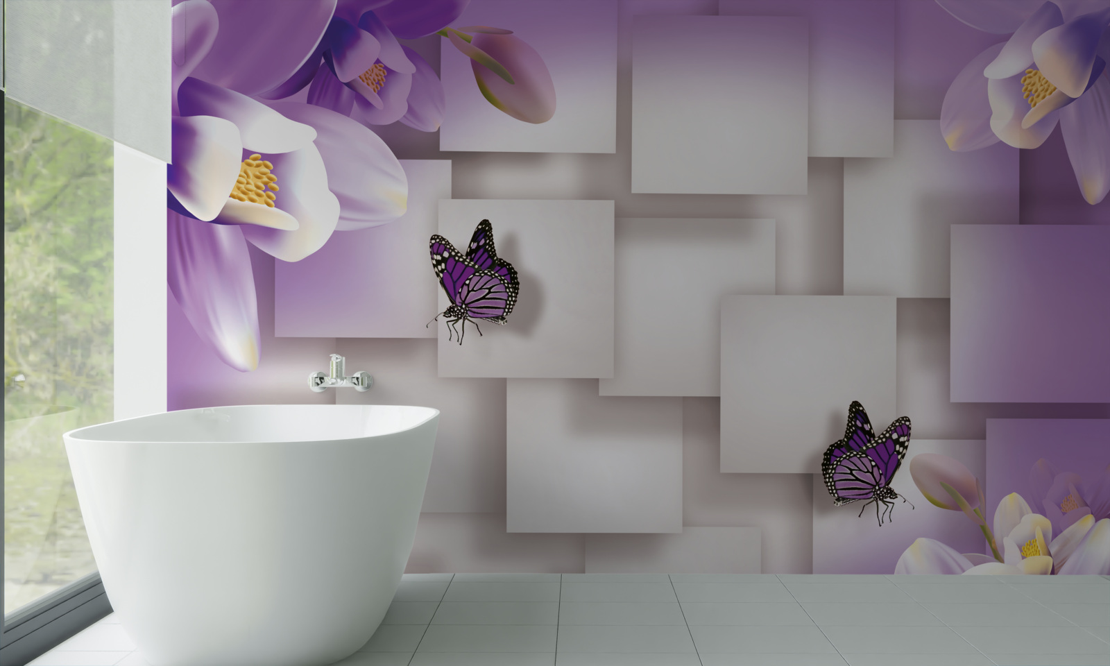 Papier peint des fleurs blanches et des papillons sont visibles sur un fond abstrait lilas