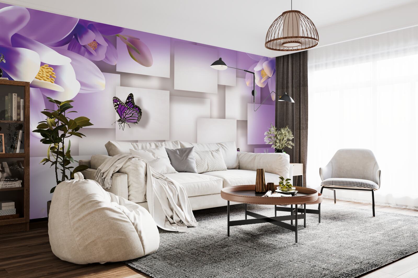 Papier peint des fleurs blanches et des papillons sont visibles sur un fond abstrait lilas