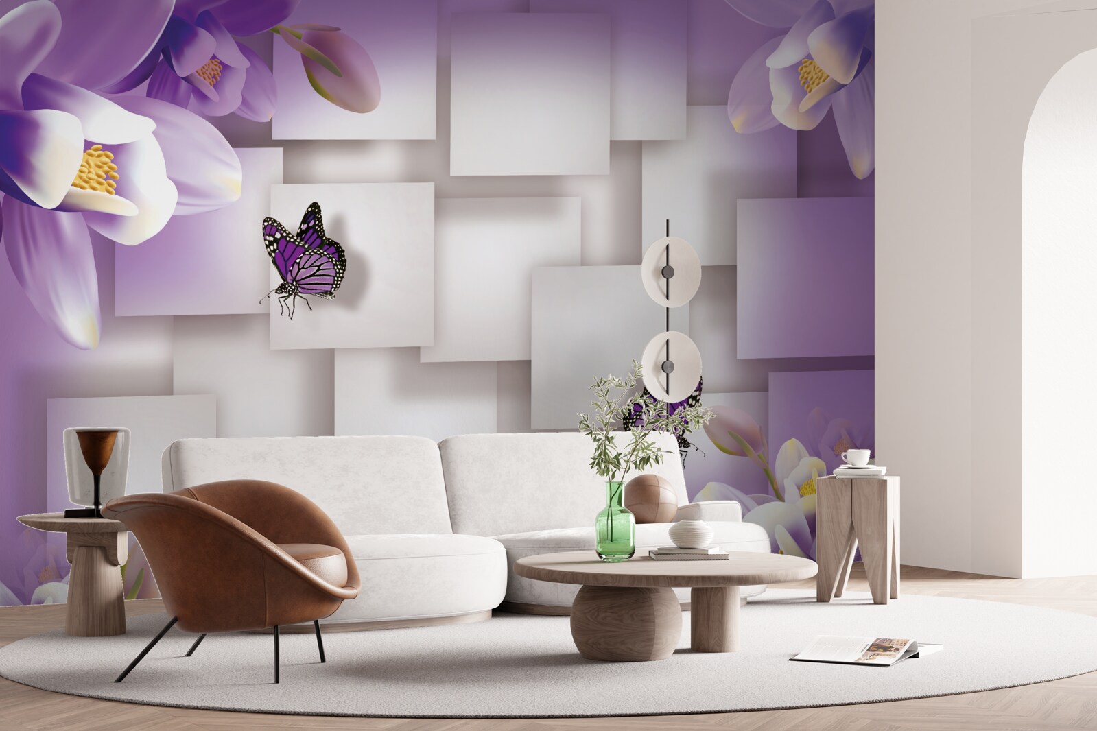 Papier peint des fleurs blanches et des papillons sont visibles sur un fond abstrait lilas