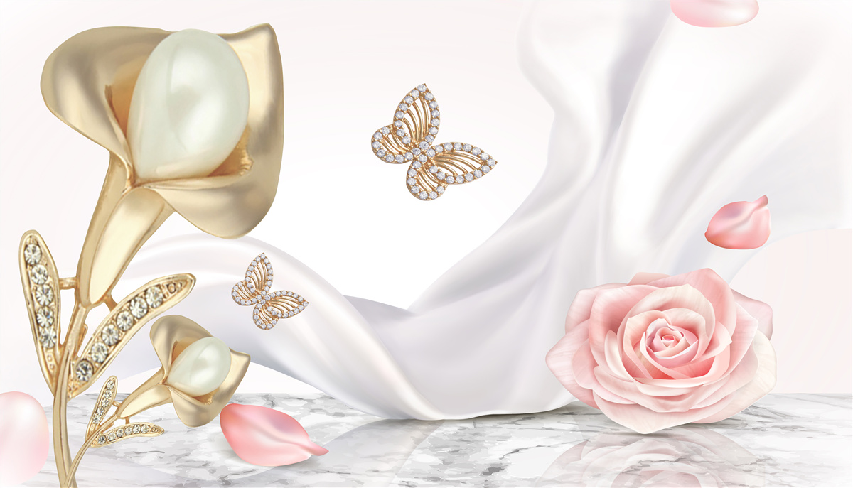 Papier peint perles serties d'or sur tissu de soie avec roses