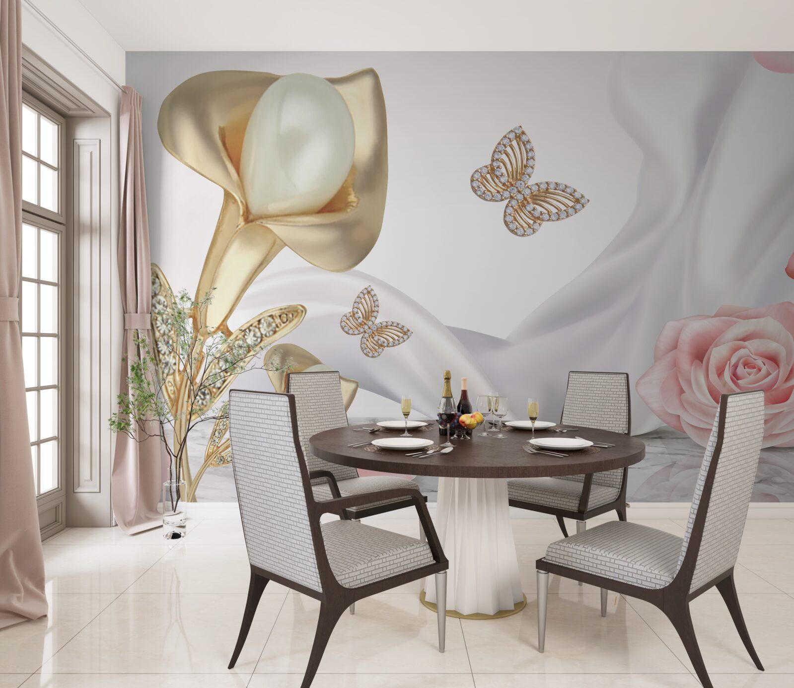 Papier peint perles serties d'or sur tissu de soie avec roses